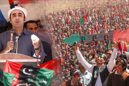 Bilawal Bhutto-Zardari speaking at a PPP rally in Gilgit-Baltistan, with party flags and a large crowd of supporters.