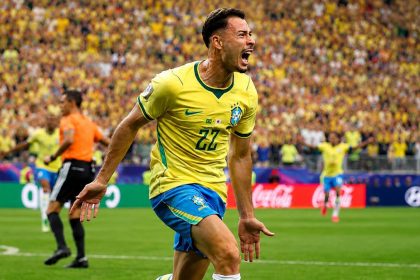Brazil winger Gabriel Martinelli celebrates after scoring a dramatic 95th-minute goal against Japan in Houston.