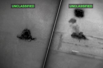 Thermal image from U.S. Central Command showing an airstrike on Iranian missile and drone storage and coastal radar sites.