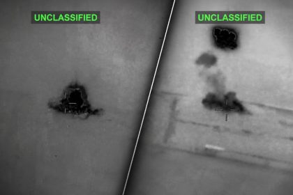 Thermal image from U.S. Central Command showing an airstrike on Iranian missile and drone storage and coastal radar sites.