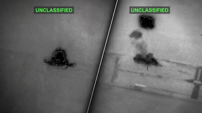 Thermal image from U.S. Central Command showing an airstrike on Iranian missile and drone storage and coastal radar sites.