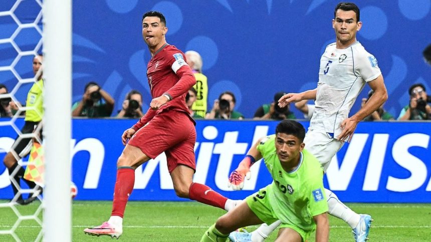 Cristiano Ronaldo World Cup record graphic shows the Portugal forward celebrating during FIFA World Cup 2026.