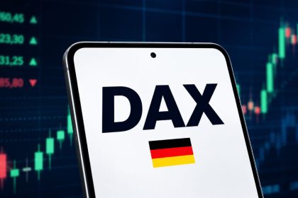 DAX stock market display on a smartphone with trading charts in the background.