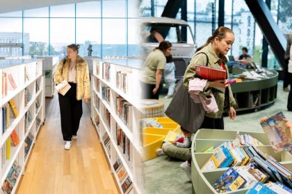 A collage shows people browsing books in a Finland's library democracy, including a children’s reading area and bright library shelves.