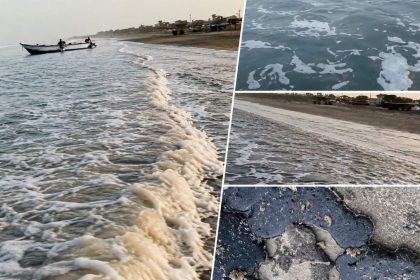 Gwadar Oil Spill spreading along the western coastline with crude oil on the beach and sea surface.