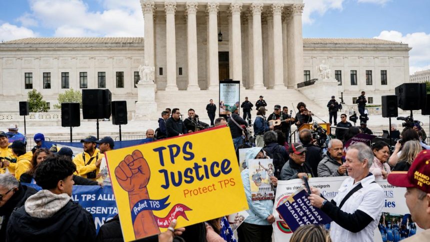 Immigrants’ rights demonstrators rally outside the U.S. Supreme Court in Washington with TPS Justice signs.