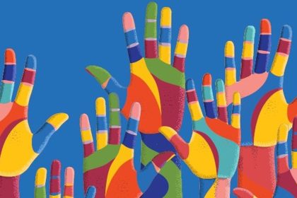 Colorful illustrated hands raised on a blue background to represent worker solidarity.