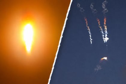 Split-screen image showing an Iranian missile launch and fiery trails in the night sky from IRGC footage.