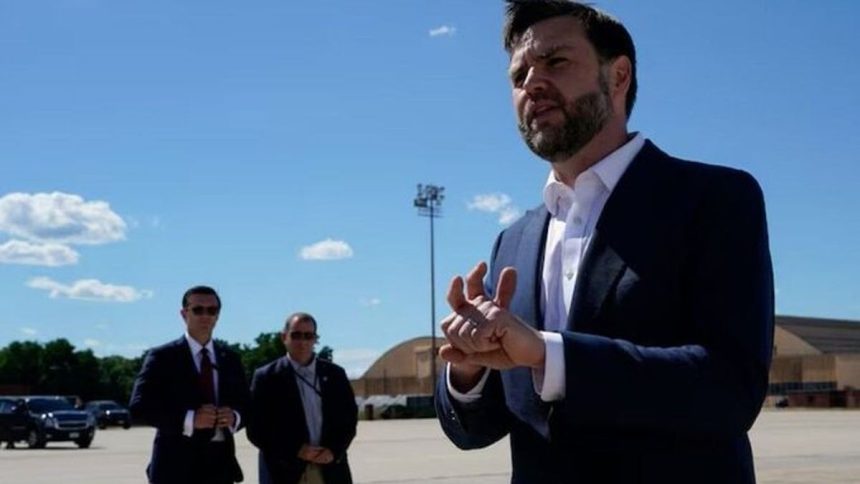 U.S. Vice President JD Vance speaks outdoors after arriving in Switzerland for U.S.-Iran talks.