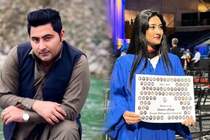 Mashal Khan and Storee Saba Iqbal shown in a collage after she completed her journalism degree in Canada.