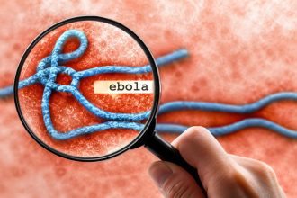 A medical illustration shows the Ebola virus under a magnifying glass.