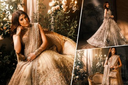 Pakistani actress Mehwish Hayat poses in an embellished bridal outfit for a new Instagram campaign.