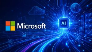 Microsoft logo beside a glowing AI chip with blue circuit lines, cloud icons, and data center graphics.