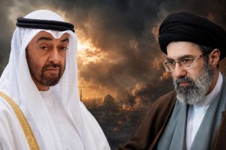Mohammed bin Zayed Al Nahyan and Mojtaba Khamenei appear in a split-style image against a smoky, dramatic background.