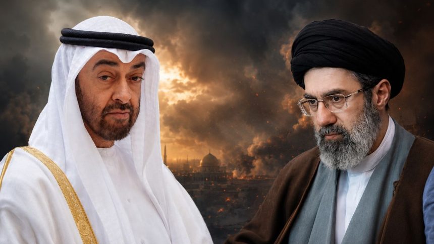 Mohammed bin Zayed Al Nahyan and Mojtaba Khamenei appear in a split-style image against a smoky, dramatic background.