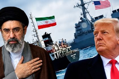 Composite image of Mojtaba Khamenei and Donald Trump with U.S. and Iranian flags in the background.
