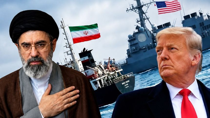 Composite image of Mojtaba Khamenei and Donald Trump with U.S. and Iranian flags in the background.