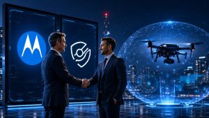 Motorola and D-Fend logos beside two business leaders shaking hands with a drone and digital security network.