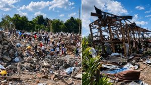 Rubble, damaged buildings, and debris are seen after a blast in Kaungtup village in Myanmar’s northeastern Shan State.
