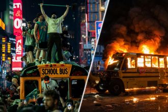 Knicks Celebration Chaos in Times Square after NBA Finals win with a World Cup shuttle bus burned.