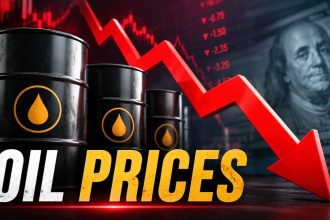 Oil prices fall on a market screen as traders track Brent crude, WTI futures and U.S.-Iran talks.