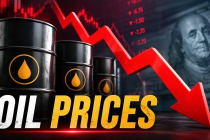 Oil prices fall on a market screen as traders track Brent crude, WTI futures and U.S.-Iran talks.