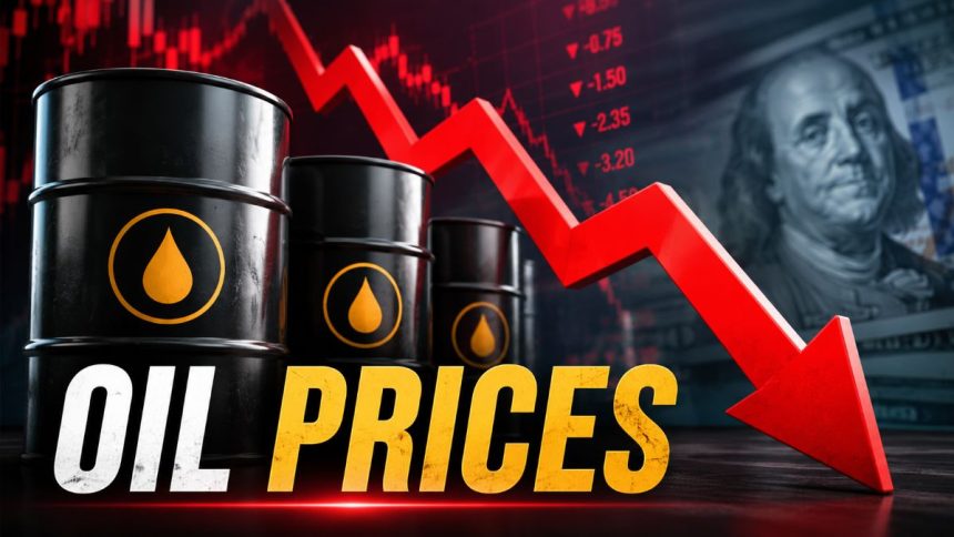 Oil prices fall on a market screen as traders track Brent crude, WTI futures and U.S.-Iran talks.
