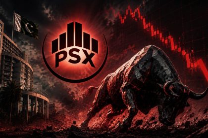 PSX logo with a red downward market chart, Pakistan flag, dark financial district backdrop, and a charging bull.