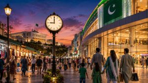 Illustrative image of a Pakistani market and shopping mall at night with shoppers, lights, flags, and a large clock.