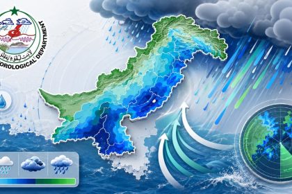 Pakistan Meteorological Department monsoon rainfall infographic showing clouds, rain, radar and a weather map of Pakistan.