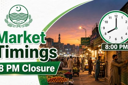 Punjab government logo beside a market scene, clock showing 8:00 PM, and shop shutters closing.