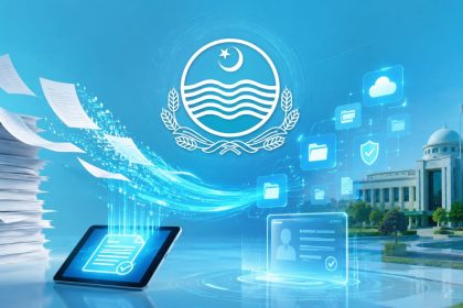 Punjab government logo with digital documents, cloud storage icons, and paperless system visuals.