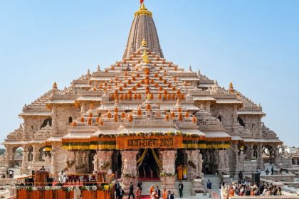 Ram Temple in Ayodhya decorated with flowers at the former Babri Mosque site, which India’s Supreme Court awarded to Hindus in 2019.