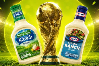 anch dressing bottles beside a World Cup-style trophy on a football field.