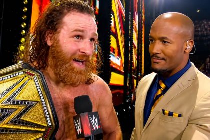 Sami Zayn holding the Undisputed WWE Championship during a WWE interview after Night of Champions in Riyadh.