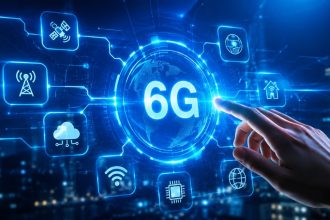 Glowing 6G digital interface with a hand touching the screen, surrounded by smart-device, satellite, cloud and wireless network icons.