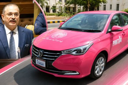 Sharjeel Inam Memon with a pink taxi graphic for the Sindh Pink Taxi Scheme for women.