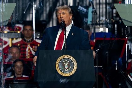 ALT Text: Donald Trump speaking at a podium during an America 250 event in Washington.