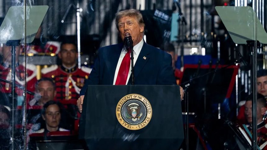 ALT Text: Donald Trump speaking at a podium during an America 250 event in Washington.