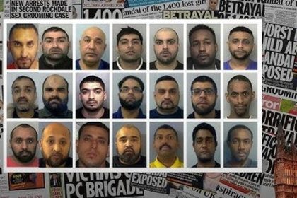 A collage of mugshots appears over newspaper headlines about UK grooming gang cases and child abuse investigations.