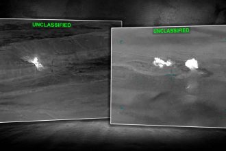 U.S. Central Command thermal footage showing strikes on Iranian military targets near the Strait of Hormuz.