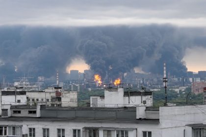 Thick smoke and flames rise from an industrial area after Ukraine’s overnight attack on Moscow.