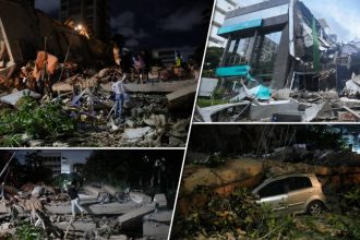 Collapsed buildings and rubble after powerful earthquakes struck near Caracas, Venezuela.