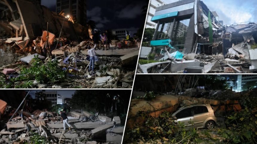 Collapsed buildings and rubble after powerful earthquakes struck near Caracas, Venezuela.