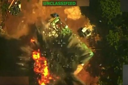 Screengrab of a U.S. strike scene showing flames and debris after the reported killing of Tren de Aragua leader Niño Guerrero.