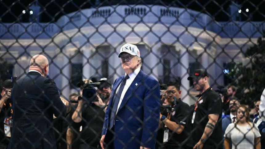 Donald Trump attends a White House UFC event behind a cage fence.