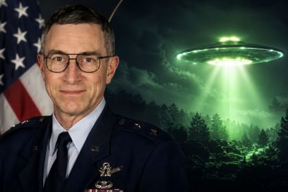 William Neil McCasland shown in a U.S. military uniform beside UFO-style imagery and an American flag.