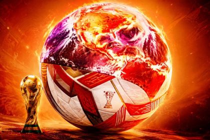 e FIFA World Cup graphic showing a fiery globe-style football beside the World Cup trophy against an orange heat dome background.