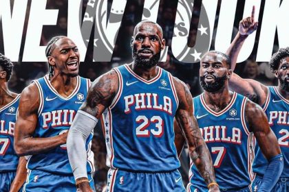 graphic featuring LeBron James in a Philadelphia 76ers jersey with other 76ers players in the background.