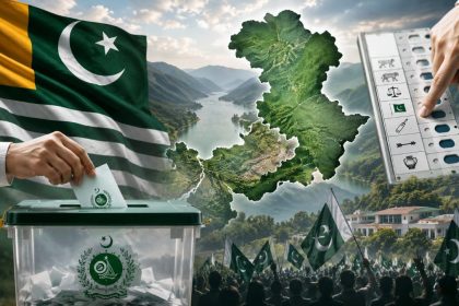 collage showing a ballot box, Pakistan flag, election ballot paper, map of Pakistan, and voters participating in the country's electoral process